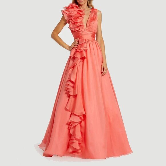 Mac Duggal 48856 Size 14 Coral Ruffle V-Neck Chiffon Ballgown Gown Maxi Dress‎ - Picture 4 of 6
